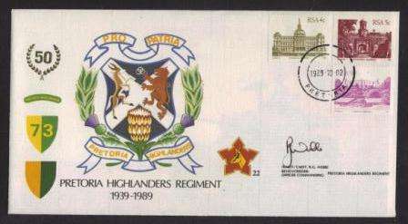 SA ARMY COM COVER # 22 - 50 YEARS PRETORIA HIGHLANDERS REGIMENT 1939-1989 - SIGNED IN BLACK INK