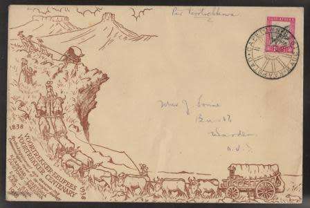 UNION SA 1938 VOORTREKKER MEMORIAL FUND 1ST TREK COM COVER CXD CAPE TOWN 8/8/38