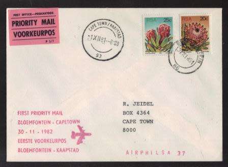 AVIATION - AIRPHILSA # 37 - FIRST PRIORITY MAIL BLOEMFONTEIN TO CAPE TOWN 30/11/82