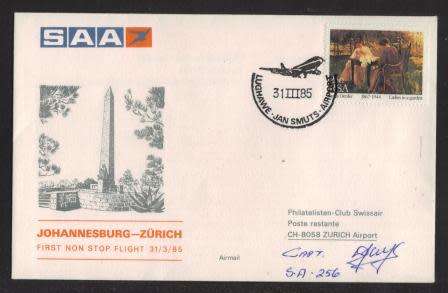 AVIATION - AIRPHILSA # 100 - SAA FIRST FLIGHT NON STOP JOHANNESBURG TO ZURICH 31/3/85 SIGNED CAPTAIN