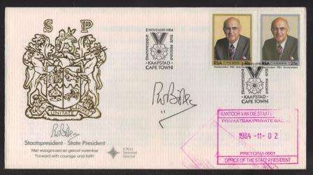 RSA 1984 STATE PRESIDENT FDC 4.9aS SIGNED BY STATE PRESIDENT PW BOTHA (2 DOTS) WITH CACHE