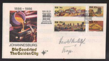 RSA 1986 JOHANNESBURG 100 FDC 4.18 SIGNED BY MAYOR