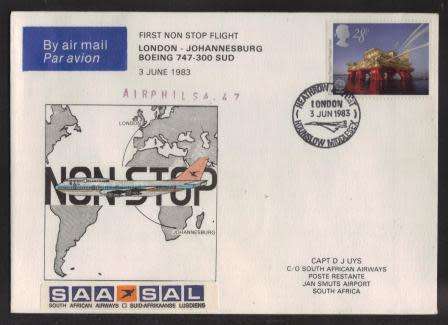 AVIATION - 1983 AIRPHILSA 47 SAA FIRST NON STOP FLIGHT LONDON - JHB BOEING 747-300