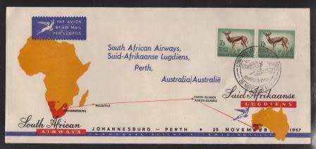 AVIATION - 1957 SAA FIRST FLIGHT COVER JOHANNESBURG - PERTH AUSTRALIA