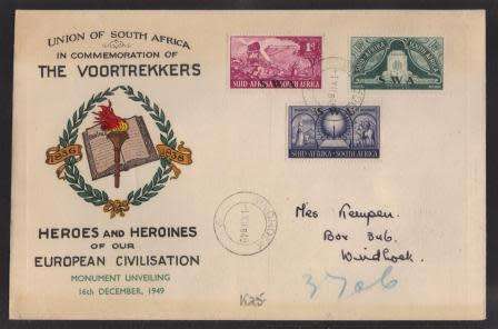 SWA 1949 INAUGURATION VOORTREKKER MONUMENT SET OF 3 ON FDC