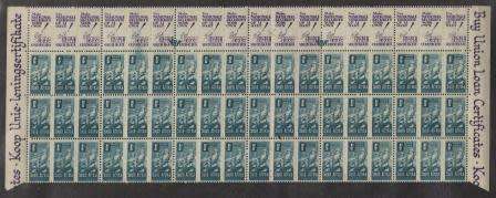UNION SA 1942/44 SMALL WAR EFFORT 1/2d MNH 3 TOP ROWS OF 18 UNITS WITH SMUDGE ON 2ND UNIT TOP ROW
