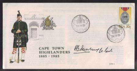 MILITARY COM COVER - 1985 100TH ANNIVERSARY CAPE TOWN HIGHLANDERS SIGNED LT GENERAL GELDINHUYS