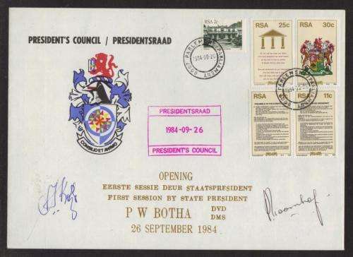 RSA 1984 PRESIDENTS COUNCIL COM COVER SIGNED BY MINISTER PIET KOORNHOF AND HENDRIK J KOTZE