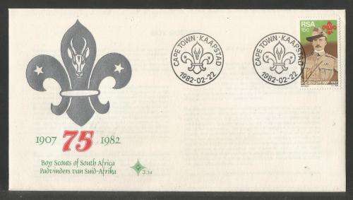 RSA 1982 BOY SCOUTS OFFICIAL FDC 3.34 WITH BROKEN P IN 1ST DATE STAMP