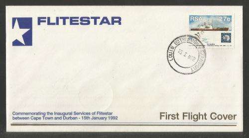 AVIATION 1992 FLITESTAR #25 1ST FLIGHT COVER DURBAN - CAPE TOWN 15/1/92