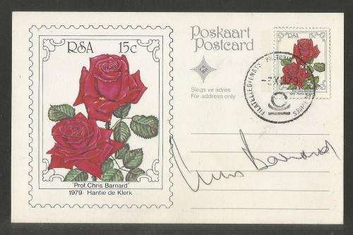 RSA 1979 ROSES POSTCARD WITH ROSE NAMED AFTER PROF CHRIS BARNARD AND SIGNED BY HIM