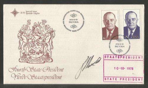 RSA 1978 4TH STATE PRESIDENT BJ VORSTER OFFICIAL FDC 3.10S STAMPED AND SIGNED BY HIM