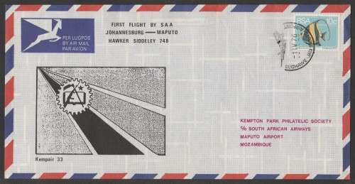 AVIATION 1976 KEMPAIR FLIGHT COVER #33 1ST SAA FLIGHT JHB TO MAPUTO HAWKER SIDDELEY 748