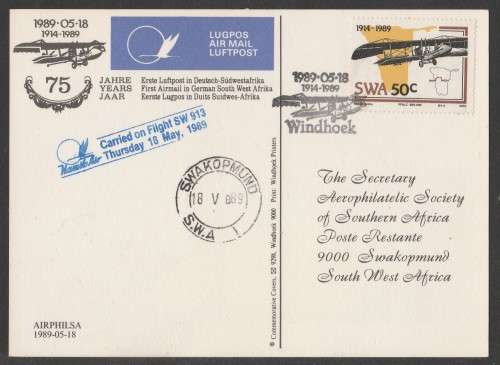 AVIATION 1989 75 YEARS 1ST AIRMAIL IN GERMAN SWA FLIGHT CARD CARRIED ON NAMIB AIR WINHOEK-SWAKOPMUND