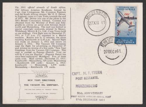 AVIATION 1961 50TH ANNIV 1ST SA AERIAL POST FLIGHT CARD KENILWORTH-MUIZEMBERG 27/12/61