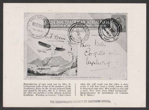 AVIATION 1961 50TH ANNIV 1ST SA AERIAL POST FLIGHT CARD KENILWORTH-MUIZEMBERG 27/12/61