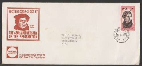 RSA 1967 REFORMATION DOCTORS FDC IN SMALL CAPS WITH CAPE TOWN D/S
