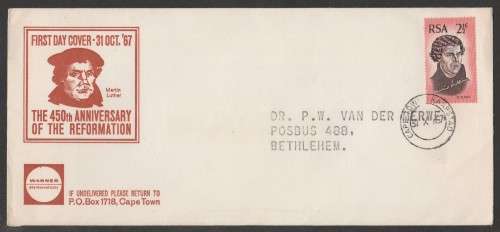 RSA 1967 REFORMATION DOCTORS FDC IN LARGE CAPS WITH CAPE TOWN D/S