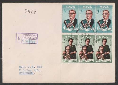 SWA 1968 CR SWART TRIPS REG PRIVATE FDC ADDRESSED TO WINDHOEK