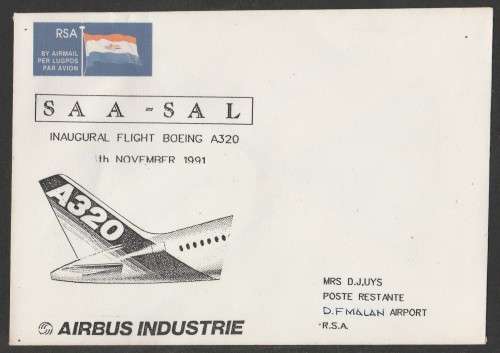 AVIATION 1991 INAUGURAL FLIGHT BOEING A320 FLIGHT COVER UNSERVICED