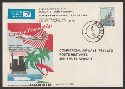 AVIATION 1983 KEMPAIR FLIGHT COVER  #1.51 - 1ST DIRECT FLIGHT MARGATE - JHB COMAIR FOKKER FRIENDSHIP