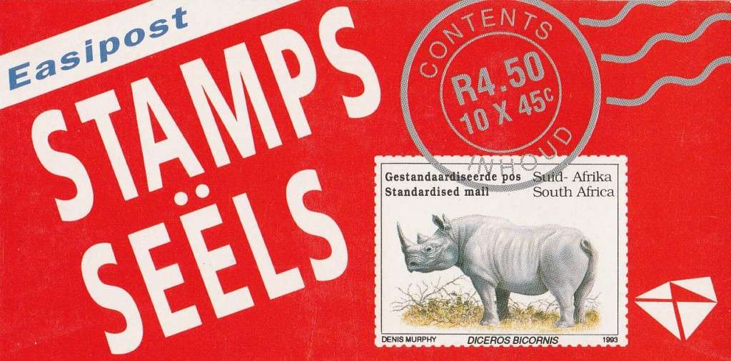 RSA 1993 RHINO BOOKLET WITH MNH LATIN COATED STAMPS FULLY PERFED FLAP 93/3 STATION 16 BY PRINTPAK