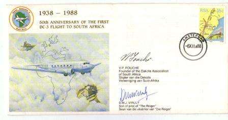 ANNIV FIRST DC-3 FLIGHT TO SA SIGNED COVER 06/12/1988