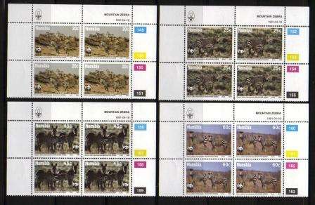 NAMIBIA 1991 MOUNTAIN ZEBRA SET OF 4 MNH CONTROL BLOCKS OF 4