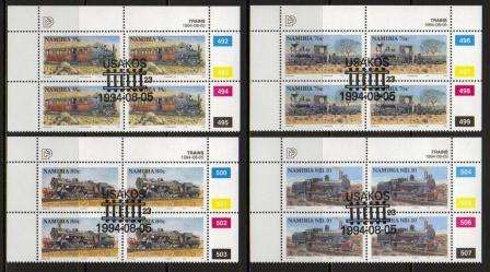 NAMIBIA 1994 STEAM LOCOMOTIVES SET OF 4 USED (CTO) CONTROL BLOCKS OF 4