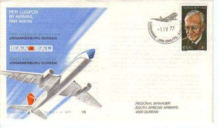 SA AIRWAYS (SAA) FLIGHT COVER #16 DATED 1/4/1977 AS PER SCAN