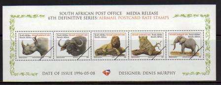 RSA 1996 6TH DEFINITIVE THREATENED FAUNA BIG 5 MNH MEDIA RELEASE