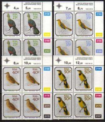RSA 1990 SA BIRDS SET OF 4 MNH CONTROL BLOCKS OF 4
