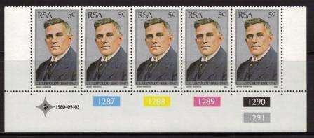 RSA 1980 LEIPOLDT MNH CONTROL STRIP OF 5