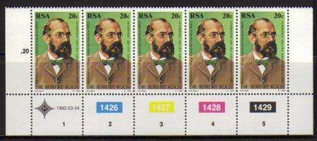 RSA 1982 DR ROBERT KOCH MINT CONTROL STRIP OF 5