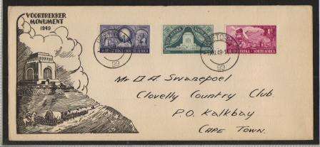 UNION 1949 INAUGURATION OF VOORTREKKER MONUMENT COVER CXD PRETORIA 1/12/49