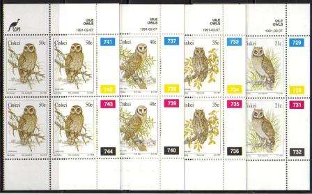 CISKEI 1991 OWLS SET OF 4 MNH CONTROL BLOCKS OF 4