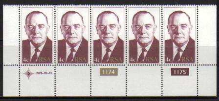 RSA 1978 BJ VORSTER 4c MNH CONTROL STRIP OF 5 WITH PERF 14