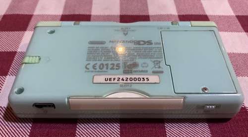 light blue Nintendo DS Lite with charger, stylus & case