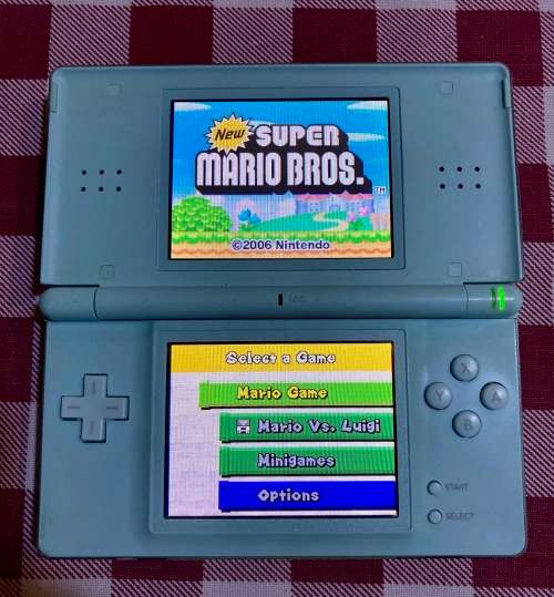 light blue Nintendo DS Lite with charger, stylus & case