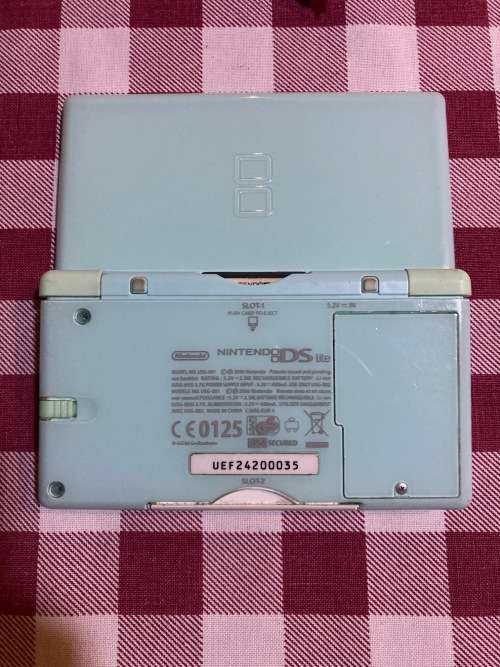 light blue Nintendo DS Lite with charger, stylus & case