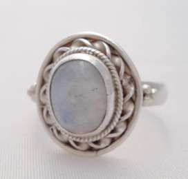 NATURAL RAINBOW MOONSTONE RING SET IN SOLID STERLING SILVER  sz "O"
