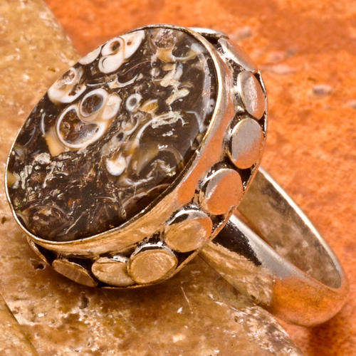 stunning NATURAL TURRITELLA FOSSIL GEMSTONE RING 925 SILVER SZ 8