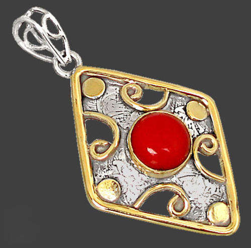 ELITE VICTORIAN RED CORAL ROUND 14k GOLD 925 STERLING SILVER PENDANT 2"