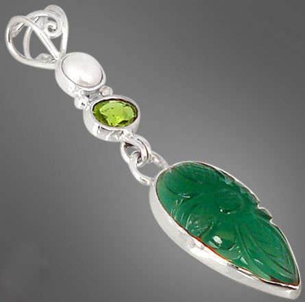 GREEN CHALCEDONY CARVED FLOWER PERIDOT PEARL 925 SILVER PENDANT