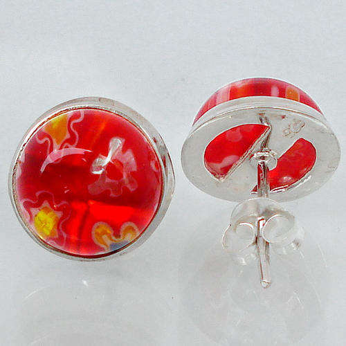 RED ITALIAN MURANO GLASS ROUND 925 SILVER STUD EARRINGS
