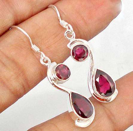 SWEET RED GARNET PEAR ROUND 925 STERLING SILVER DANGLING EARRINGS