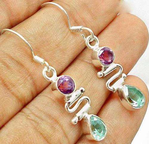 EXOTIC BLUE TOPAZ PEAR 925 STERLING SILVER DANGLE EARRINGS 1 3/8"