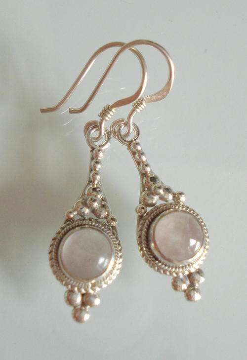 ROSE QUARTZ DANGLE EARRINGS SET IN SOLID STERLING SILVER.925