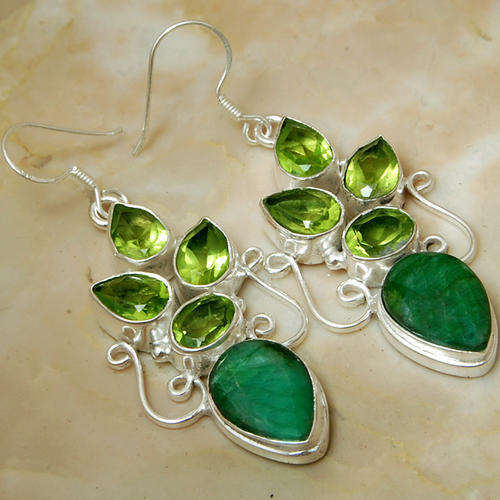 CLASSY STYLE NATURAL EMERALD & PERIDOT 925 SILVER EARRINGS