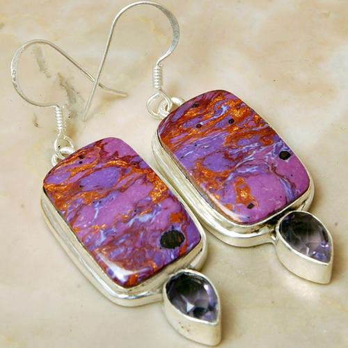 LOVELY COPPER PURPLE TURQUOISE 925 STERLING SILVER EARRINGS